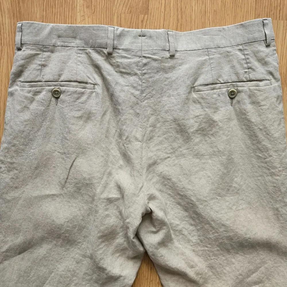 Nordstrom Men's Linen Pants 36W Flat Front Dress Trousers Beige Lightweight